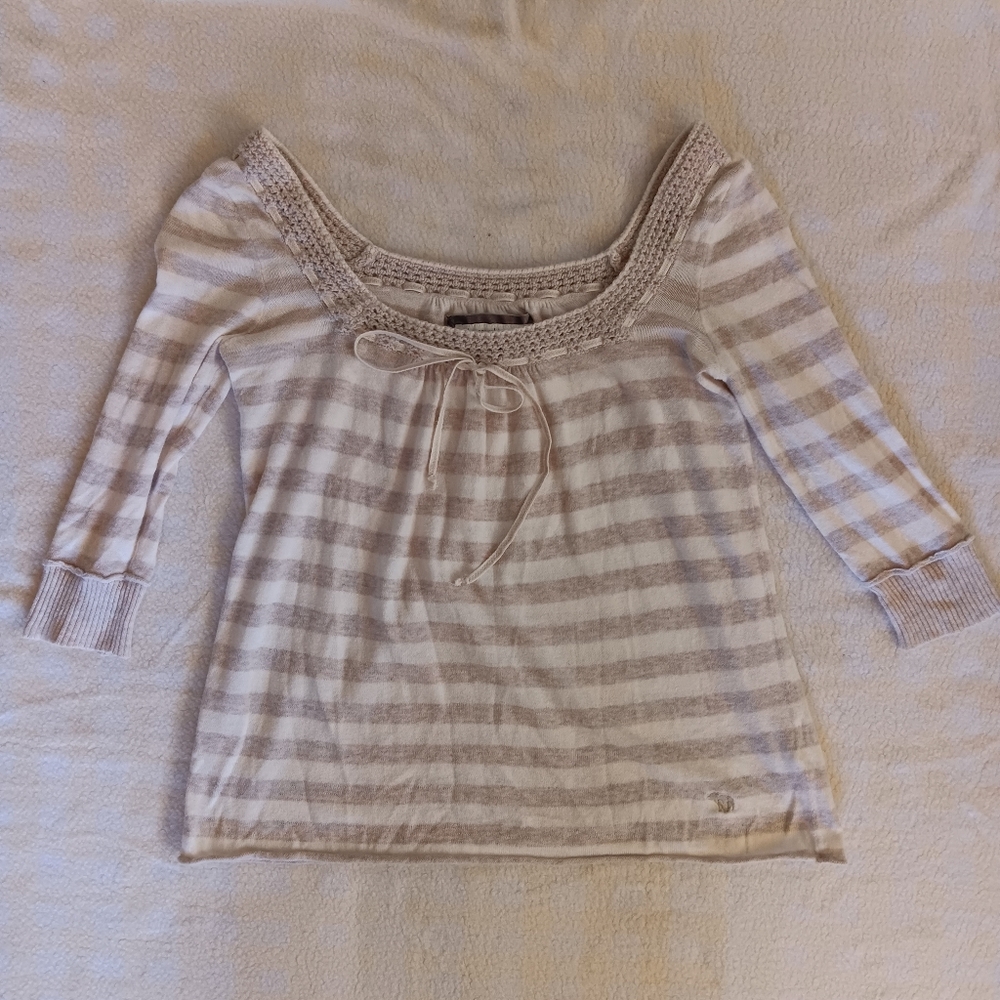 Abercrombie & Fitch Beige and White Striped Scoop Neck Top
